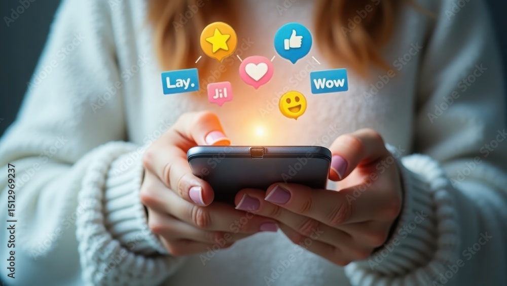 close-up of hands using a smartphone with 3D social media reaction icons floating above the screen, , white background, ultra-detailed, cinematic style close-up of hands using a smartphone with 3D social media reaction icons floating above the screen, , white background, ultra-detailed, cinematic style