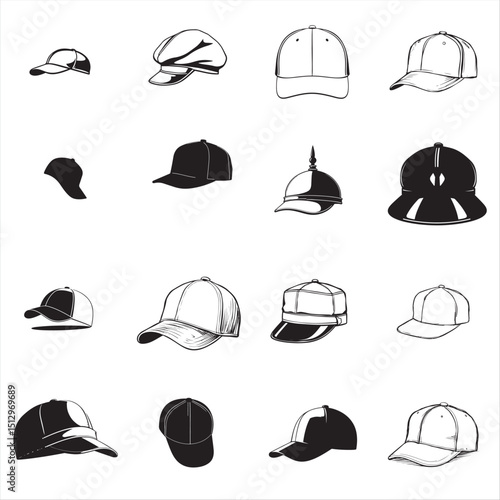Vector illustration set of baseball caps and hats, perfect for sport or fashion design templates