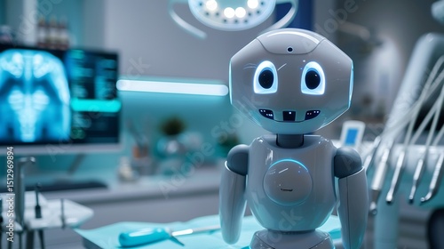 Futuristic AI powered dental assistant robot helping a dentist high tech sci fi clinic background