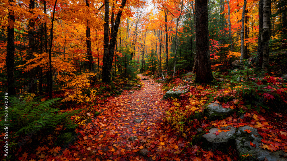Fototapeta premium Vibrant Autumn Forest Path Covered in Fallen Leaves with Majestic Trees in Full Fall Color