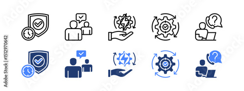 Enhanced customer support icon set with On Time, Follow Up, Conflict Resolution, Effectiveness, Support.