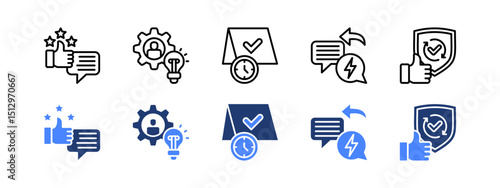 Enhanced customer support icon set with Satisfaction, Knowledge, Resolution, Response, Reliability.
