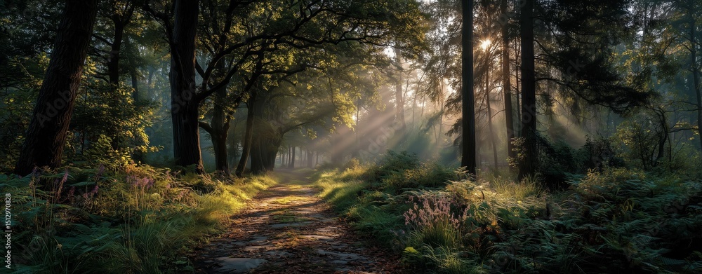 Obraz premium Sunlight streams through trees in a lush forest pathway. Radiant energy passage.