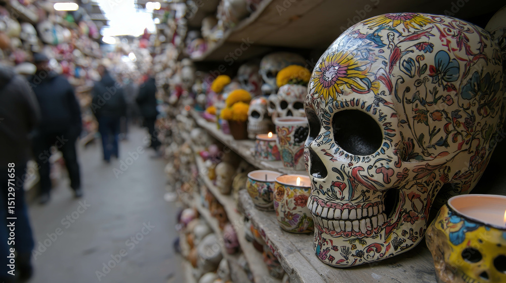 Fototapeta premium Colorful ceramic skulls lined up on shelves in a vibrant marketplace celebrating tradition and culture, attracting visitors and creating a lively atmosphere