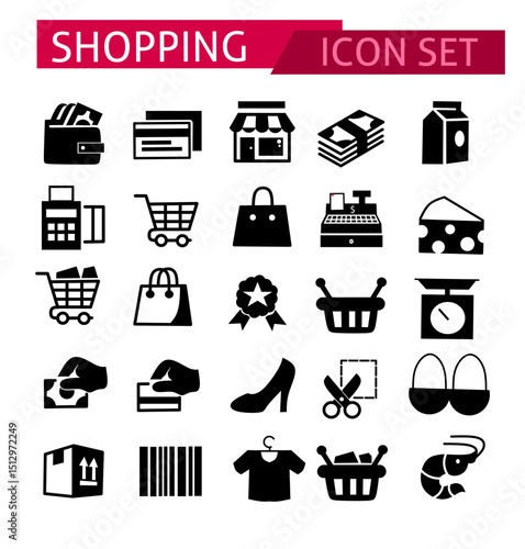 Collection of 25 silhouette icons related to shopping. Linear icon collection. Editable strokes. Vector illustration, high quality hand-drawn