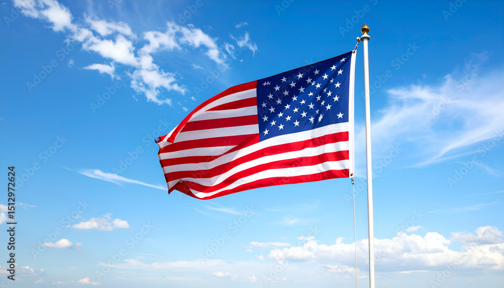 Obraz premium Stars and stripes of the USA flag fluttering in the wind with a vibrant blue sky background.