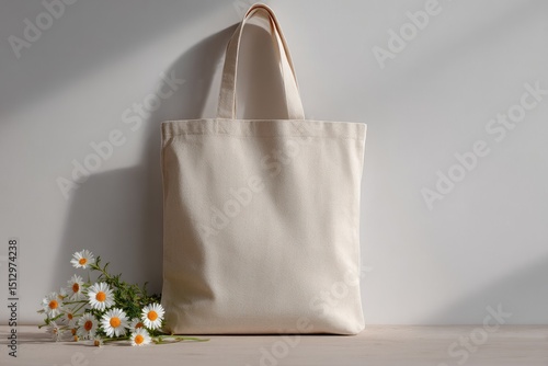 A beige cotton tote bag rests on a light wood surface next to a bouquet of daisies, illuminated by soft sunlight casting shadows on a pale wall
