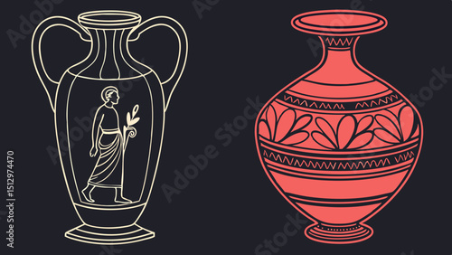 Dark navy blue antique ceramic vase. empty decorative ceramic pot isolated on black background. red modern porcelain vase for room interior. vintage handmade glaze pottery flowerpot for  decoration.