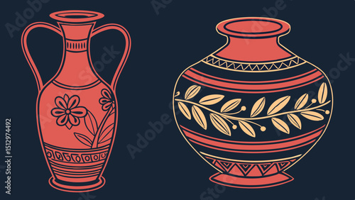 Dark navy blue antique ceramic vase. empty decorative ceramic pot isolated on black background. red modern porcelain vase for room interior. vintage handmade glaze pottery flowerpot for  decoration.