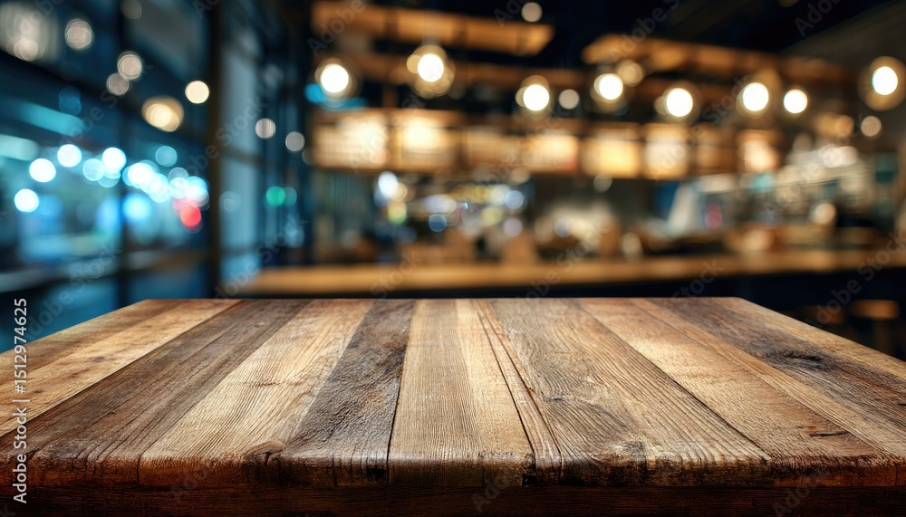Rustic wooden table in focus, with a blurred background of a dimly lit, modern cafe featuring warm lighting, visible menu boards, and city lights Rustic wooden table in focus, with a blurred background of a dimly lit, modern cafe featuring warm lighting, visible menu boards, and city lights