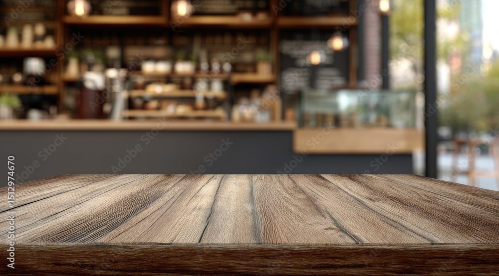 Rustic wooden table top in focus, blurred coffee shop background showing shelves, counter, and outdoor seating Rustic wooden table top in focus, blurred coffee shop background showing shelves, counter, and outdoor seating