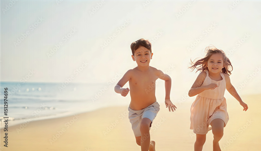 Fototapeta premium happy children runnung on the beach