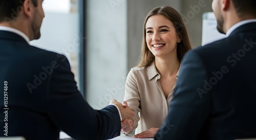 Young Woman Shaking Hands with HR Recruiters During Job Interview in Modern Office