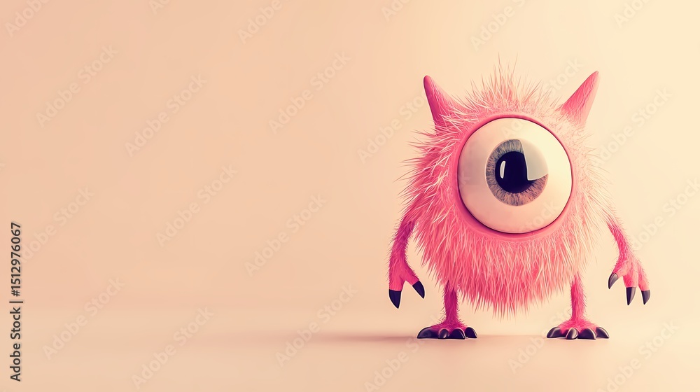 Fototapeta premium A cute minimalist pink monster with one big eye, on a pastel beige background