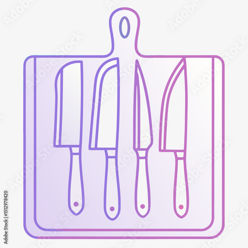 Cutting board with various kitchen knives in minimalist style  
