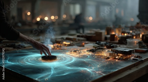 A high-tech simulation of a real-time digital feedback loop, with glowing circuits and animated blue connections responding to invisible user inputs in a holographic interface 