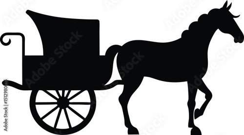 Wild mustang silhouette in a chariot race, a black and white cartoon illustration