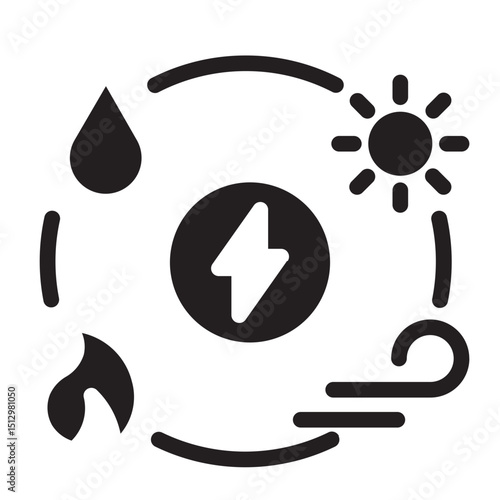 Drop of water, leaf, and lightning bolt, merging nature and electricity.
