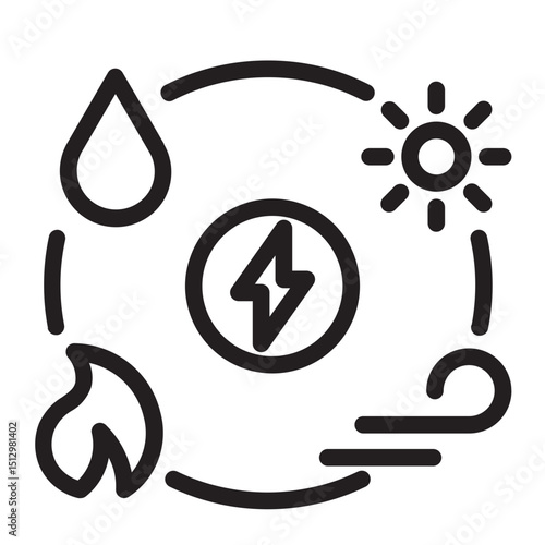 Drop of water, leaf, and lightning bolt, merging nature and electricity.