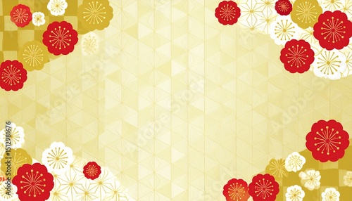 華やかな和風梅柄背景/梅の花と和模様の背景/伝統的な和風デザイン/お正月にぴったりの和柄背景