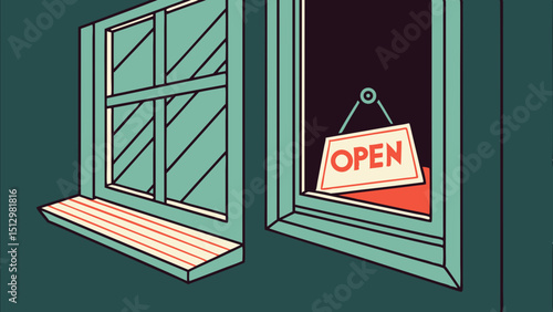 An open sign in the corner of a window in dark green background vector illustration.