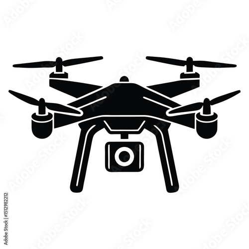 Black and white silhouette illustration of a modern aerial drone with camera and propellers