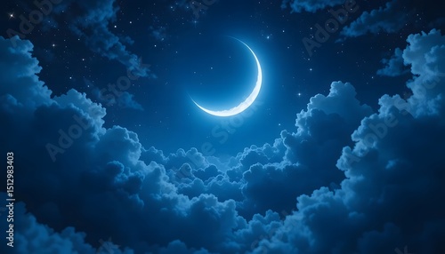 Fototapeta Naklejka Na Ścianę i Meble -  Blue aesthetic wallpaper of a surreal night sky with an oversized glowing crescent moon, soft blue clouds, twinkling stars, and sparkles.