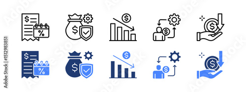 Financial projection icon set with Tax, Solvency, Loss, Working, Income.