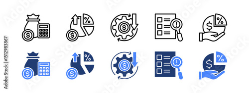 Financial projection icon set with Budget , Margin, Operational Cost, Risk Assessment, Dividend.