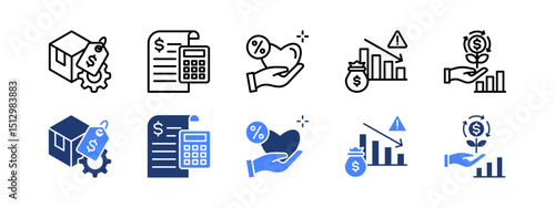 Financial projection icon set with Cost, Accounting, Satisfaction, Profit Loss, Roi