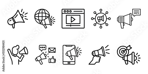 Digital marketing line icon set. Containing megaphones, advertising, online video, social media, mobile add, goal or target, communication, influence, campaign. Vector illustration.