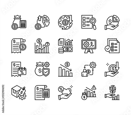 Financial projection icon collection set. Containing budget, forecast, revenue, expense, profit, loss, cashflow, investment, depreciation icon. Simplel ine vector illustration.	