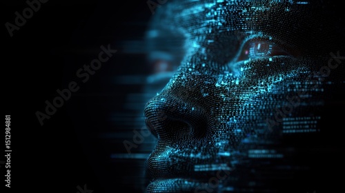 Glowing Digital Face Formed from Code Representing Modern Technology