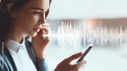 Young Woman Engaged in Speech with Sound Wave Graphic Overlaid on Phone