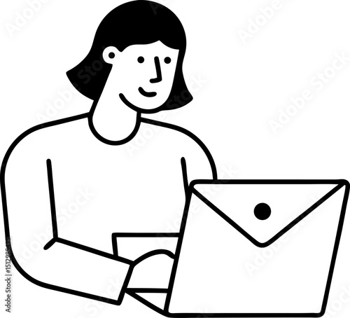 A cheerful woman using a laptop and communicating with people for emailing or digital correspondence within a monochrome style.