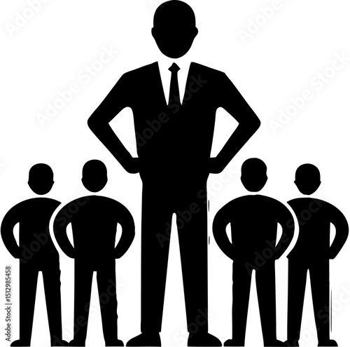 A conceptual silhouette depiction of a leader and a team illustrating authority power and hierarchy within a professional business environment.