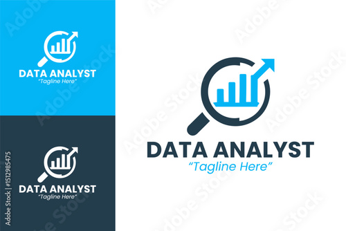 Simple and Modern Data Analyst Logo with Blue Graph Bars and Magnifying Glass