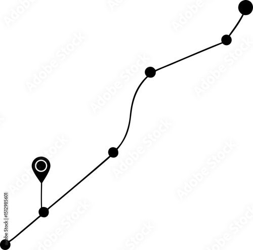 Abstract black and white illustration depicting a journey or progress indicated by a path with circular points and a location pin icon.