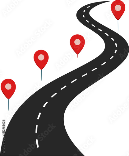 Abstract curved road with location markers representing navigation guidance journey route plan or travel concept illustration