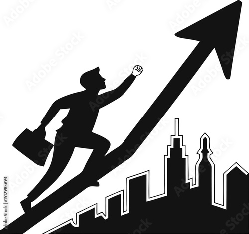 Business professional climbing towards financial success with a briefcase and an upward arrow representing growth achievement and career progression