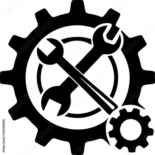 Simple and effective black and white illustration featuring crossed wrenches over a central gear with two additional gear elements depicting a maintenance or repair concept