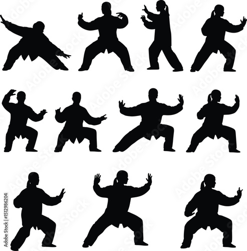 Silhouette sequence of tai chi movements and poses performed by martial arts practitioners