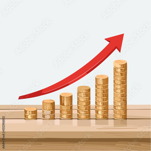 Coin stacks increase in size with a rising red arrow to show financial growth.