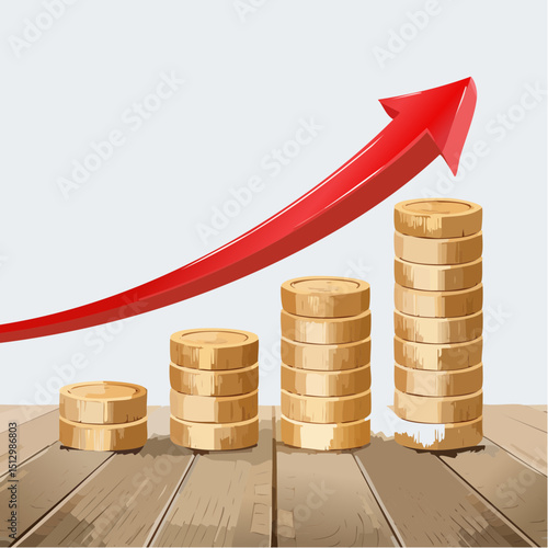 Coin stacks increase in size with a rising red arrow to show financial growth.