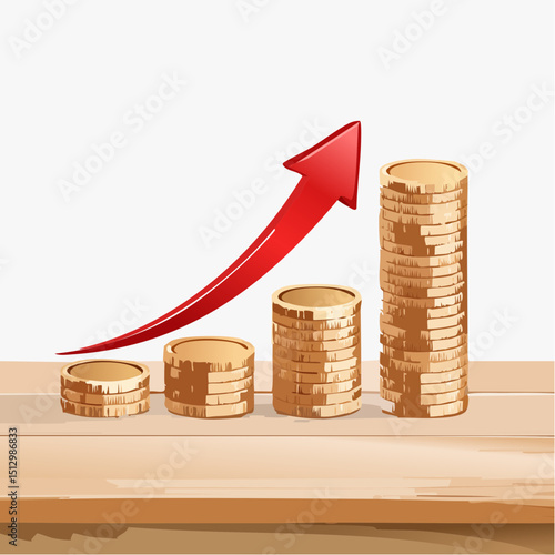 Coin stacks increase in size with a rising red arrow to show financial growth.