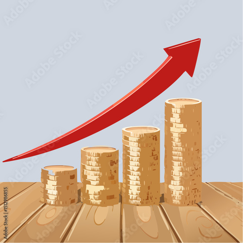 Coin stacks increase in size with a rising red arrow to show financial growth.