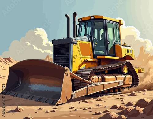 Yellow Construction Vehicle In Desert Landscape Pixel Art Illustration