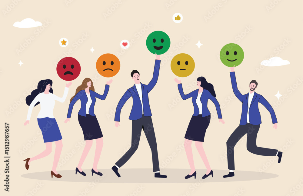 Fototapeta premium Satisfaction ratings and customer feedback surveys, including employee emotion rankings and expressions like angry, sad, or like presented as a marketing review concept using emoji-style emotions.