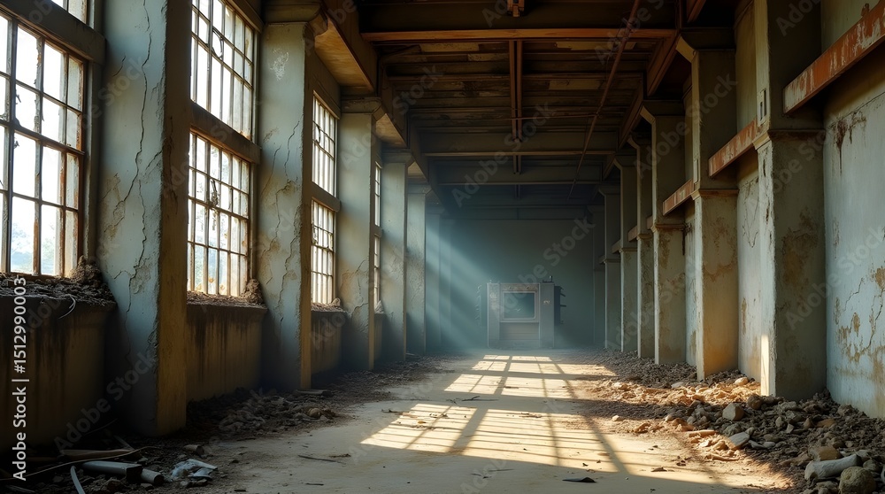 Interior of an abandoned industrial building with windows and walls made of worn concrete Interior of an abandoned industrial building with windows and walls made of worn concrete