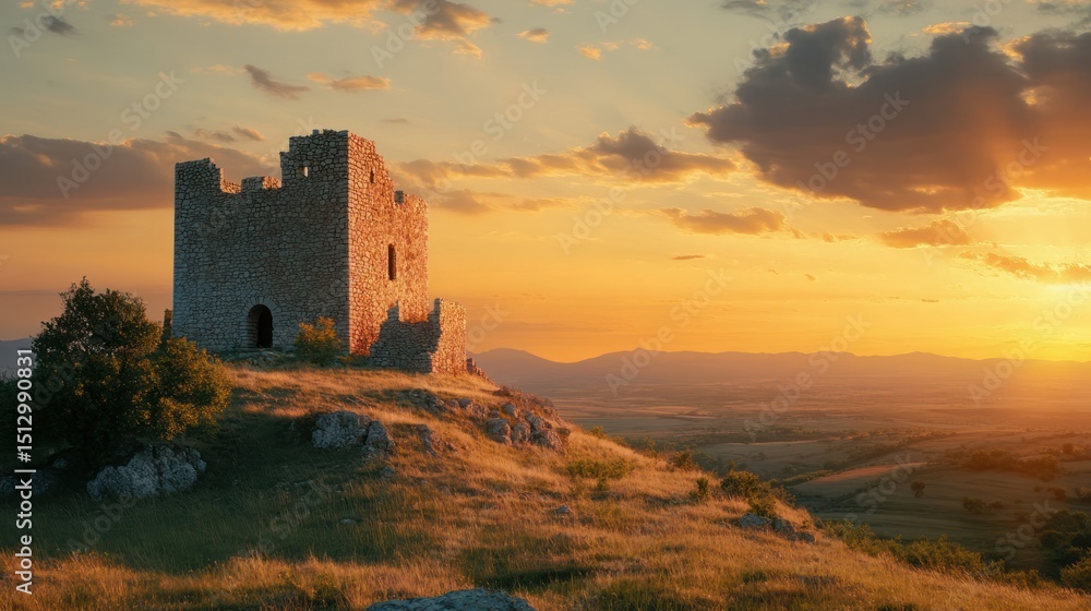 Timeless watchtower perched atop a golden hill at vivid sunset landscape Timeless watchtower perched atop a golden hill at vivid sunset landscape
